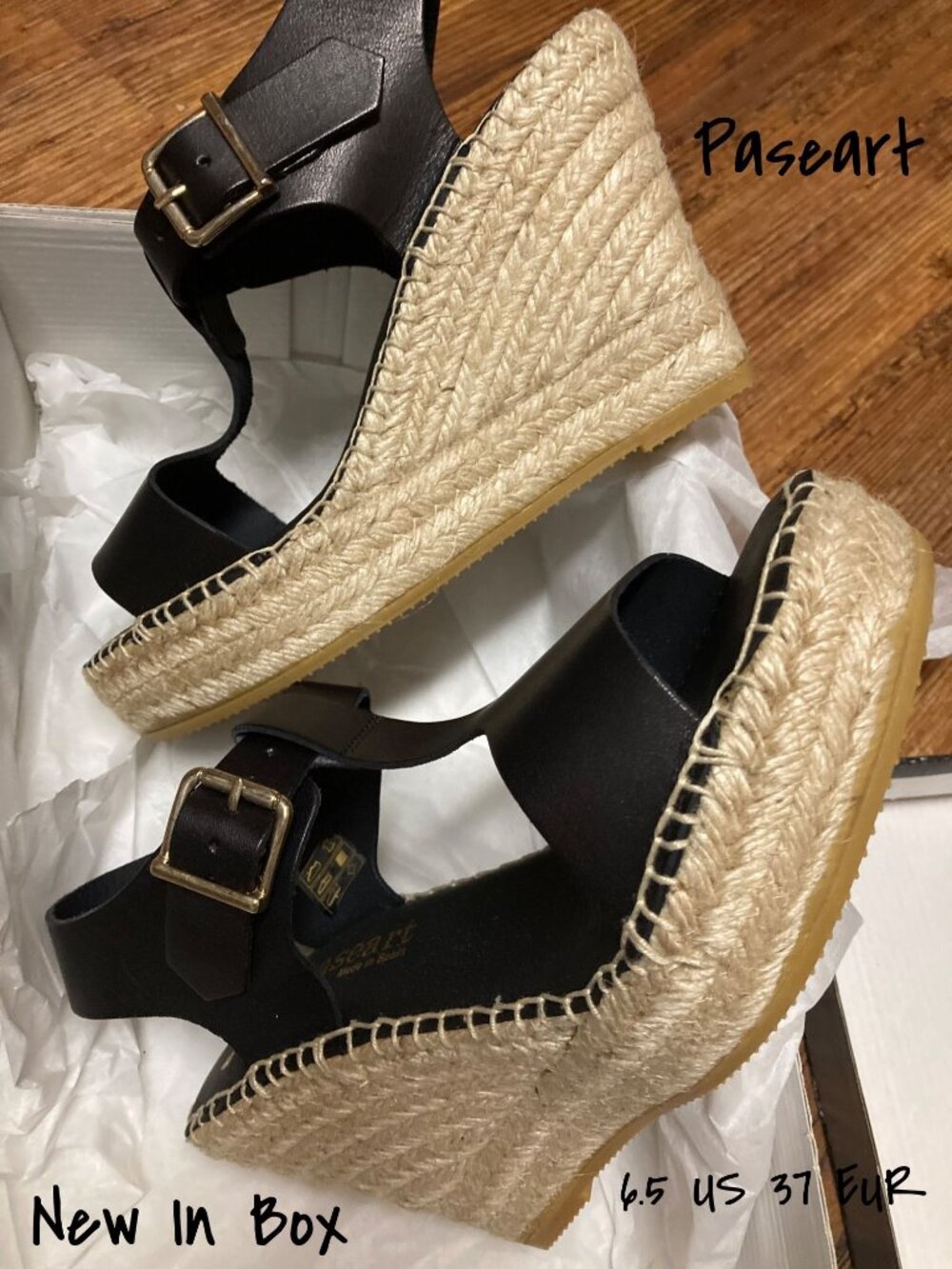 Paseart Espadrille Wedge Sandals Black Leather Women's Size 6.5 US 37 EUR New